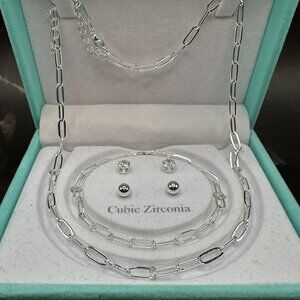 Silver Paperclip Chain Necklace & Bracelet Set